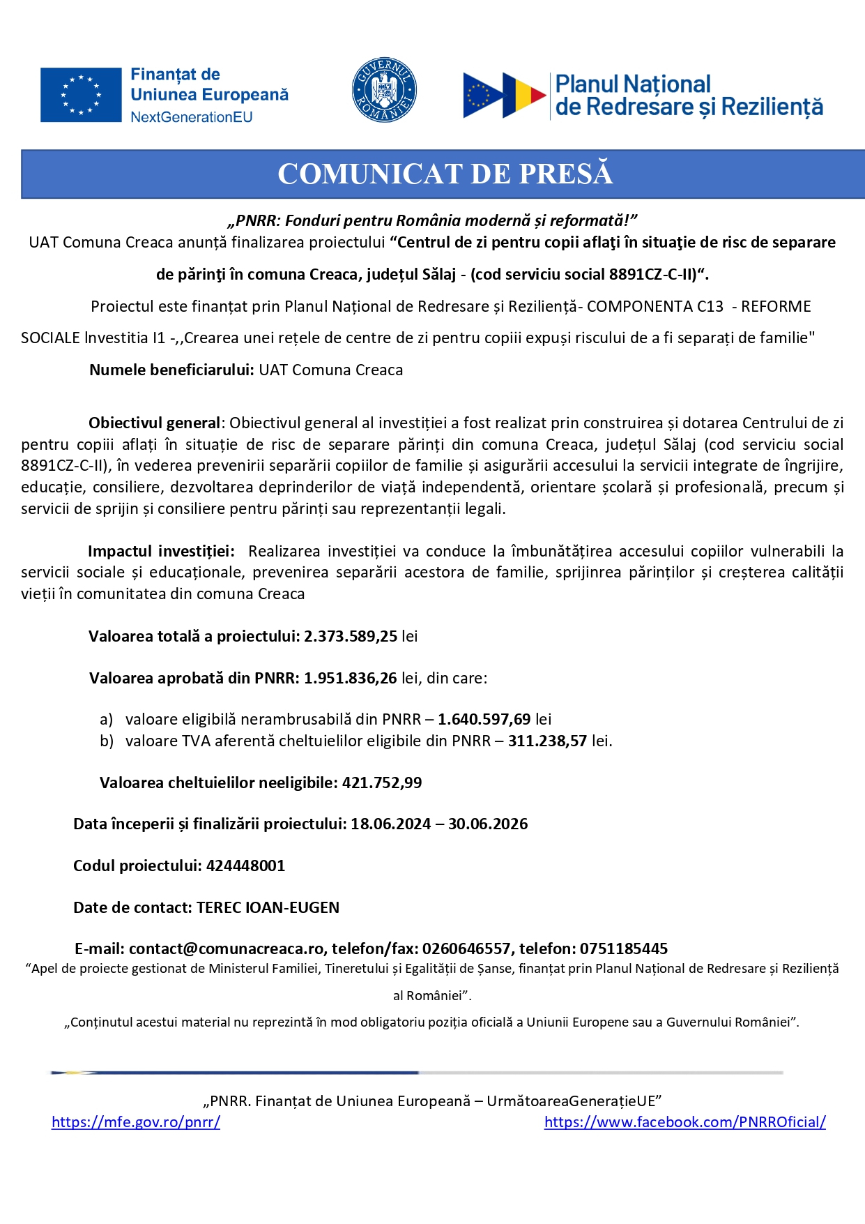 COMUNICAT DE PRESĂ